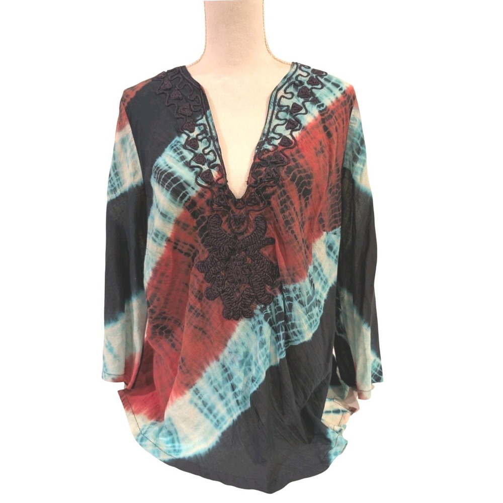 Michael Kors Womens Boho Tie Dye Embroidered V-Neck Tunic Top Sz 1X Red,Blue